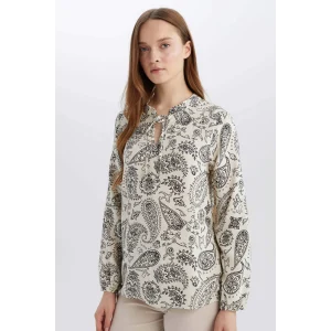 Defacto N1809 Siyah Regular Fit Apaş Yaka Desenli Uzun Kollu Bluz