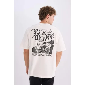 Defacto D5466 Ekru Rick and Morty Boxy Fit Bisiklet Yaka Sırt Baskılı Kısa Kollu Tişört