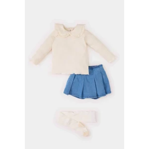 Defacto D9374 Ekru Kız Bebek 3lü Takım Bebe Yaka Uzun Kollu Tişört Beli Lastikli Jean Şort Etek Külotlu Çorap
