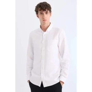 Defacto T2066 Beyaz Slim Fit Dar Kesim Polo Yaka Dokulu Uzun Kollu Gömlek