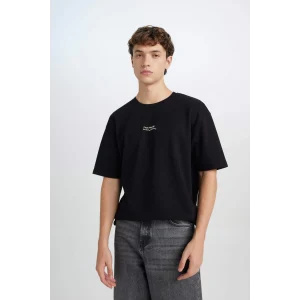 Defacto D5494 Siyah Boxy Fit Bisiklet Yaka Baskılı Kısa Kollu Ağır Kumaş Tişört