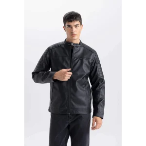 Defacto D6241 Siyah Su İtici Slim Fit Dar Kesim Dik Yaka Fermuarlı Suni Deri Mont