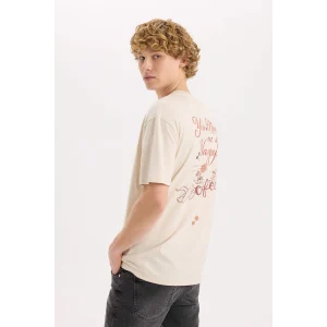 Defacto D6789 Bej Tom & Jerry Regular Fit Bisiklet Yaka Sırt Baskılı Kısa Kollu Tişört