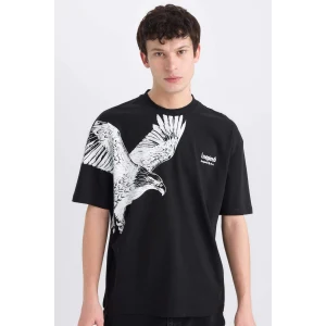 Defacto D9506 Siyah Oversize Geniş Kalıp Bisiklet Yaka Baskılı Baskılı Kısa Kollu Tişört