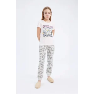 Defacto E2223 Pembe Kız Çocuk Garfield Pijama Takımı Kısa Kollu Üst Beli Lastikli Uzun Alt