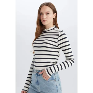 Defacto C5403 Lacivert Yarım Balıkçı Yaka Çizgili Uzun Kollu Tişört