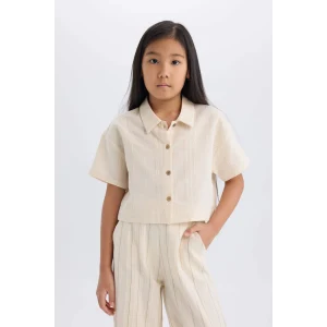 Defacto D9142 Bej Kız Çocuk Crop Keten Kısa Kollu Gömlek