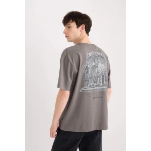 Defacto D9343 Gri Oversize Geniş Kalıp Bisiklet Yaka Sırt Baskılı Kısa Kollu Tişört