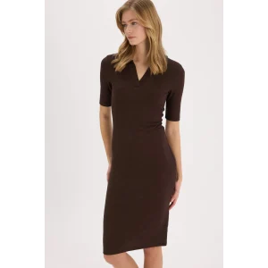 Defacto E6806 Kahve Bodycon Vücudu Saran Polo Yaka Basic Düz Fitilli Kaşkorse Kısa Kollu Midi Elbise