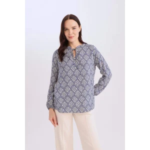 Defacto N1809 İndigo Regular Fit Apaş Yaka Desenli Uzun Kollu Bluz