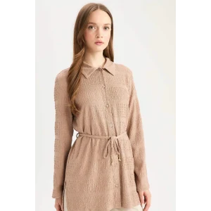 Defacto E1946 Bej Regular Fit Ayarlanabilen Bağcıklı Bürümcük Uzun Kollu Gömlek Tunik