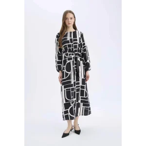 Defacto E5247 Siyah Regular Fit Bisiklet Yaka Desenli Kuşaklı Uzun Kollu Maxi Elbise