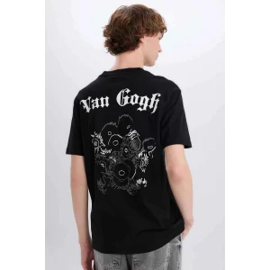 Defacto D5473 Siyah Van Gogh Regular Fit Bisiklet Yaka Sırt Baskılı Kısa Kollu Tişört