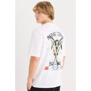 Defacto D7814 Beyaz Oversize Geniş Kalıp Bisiklet Yaka Sırt Baskılı Kısa Kollu Tişört