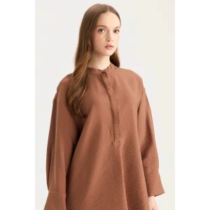 Defacto E1757 Kahve Relax Fit Hakim Yaka Basic Düz Uzun Kollu Gömlek Tunik