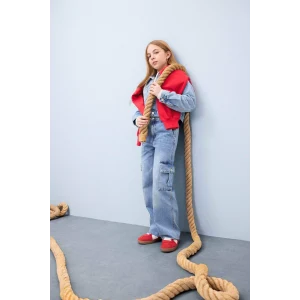 Defacto D7089 Mavi Kız Çocuk Wide Leg Kargo Geniş Bol Paça Pamuklu Jean Pantolon