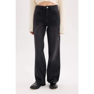 Defacto E3181 Siyah Straight Wide Yüksek Bel Uzun Jean Yıkamalı Pantolon