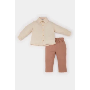 Defacto E2013 Bej Erkek Bebek 2li Takım Müslin Uzun Kollu Gömlek Beli Lastikli Alt