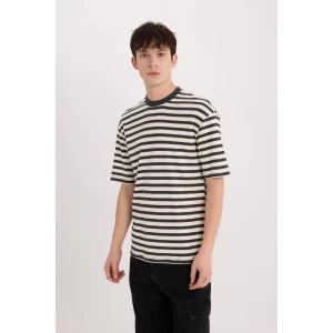 Defacto B5910 Antrasit Boxy Fit Bisiklet Yaka Çizgili Kısa Kollu Ağır Kumaş Tişört