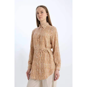 Defacto E1758 Turuncu Regular Fit Desenli Kuşaklı Uzun Kollu Gömlek Tunik