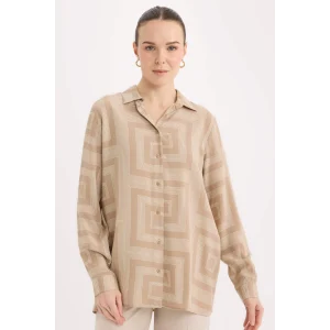 Defacto T0609 Bej Loose Fit Gömlek Yaka Desenli Uzun Kollu Gömlek Tunik