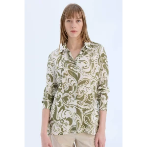 Defacto E4347 Haki Oversize Geniş Kalıp Gömlek Yaka Baskılı Uzun Kollu Tunik