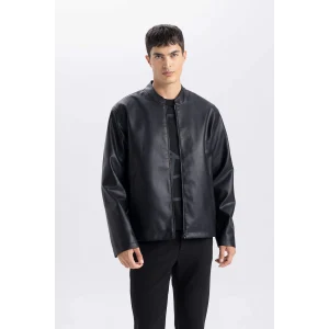 Defacto D8525 Siyah Su İtici Slim Fit Dar Kesim Dik Yaka Fermuarlı Suni Deri Mont