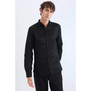 Defacto T2066 Siyah Slim Fit Dar Kesim Polo Yaka Dokulu Uzun Kollu Gömlek