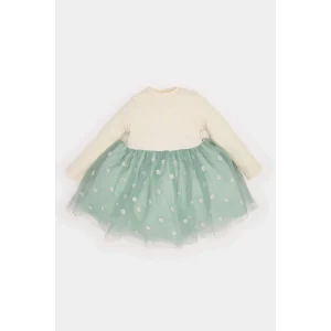 Defacto D9327 Yeşil Kız Bebek Çiçekli Uzun Kollu Tül Elbise