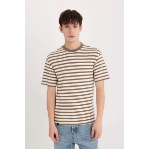 Defacto B5910 Kahve Boxy Fit Bisiklet Yaka Çizgili Kısa Kollu Ağır Kumaş Tişört