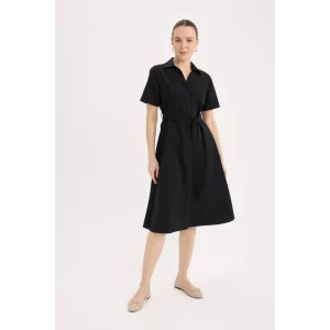 Defacto E7114 Siyah A Kesim Gömlek Yaka Poplin Kısa Kollu Midi Elbise