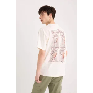 Defacto D9344 Ekru Boxy Fit Bisiklet Yaka Sırt Baskılı Kısa Kollu Tişört