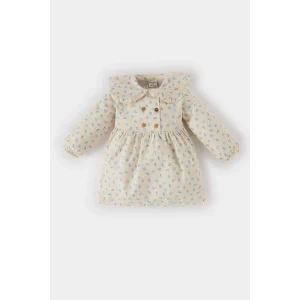 Defacto D9568 Bej Kız Bebek Çiçekli Uzun Kollu Twill Elbise