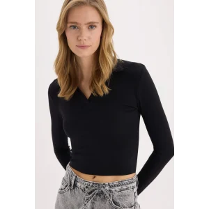 Defacto E7938 Siyah Fitted Polo Yaka Basic Düz Modal Uzun Kollu Tişört