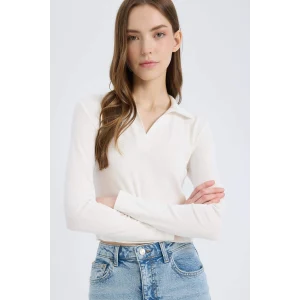 Defacto E7938 Beyaz Fitted Polo Yaka Basic Düz Modal Uzun Kollu Tişört