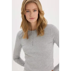 Defacto E7680 Gri Coool Fitted Düğmeli Yaka Ribana Uzun Kollu Tişört