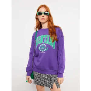 LCW Vision MOR Bisiklet Yaka Baskılı Kadın Kalın Sweatshirt