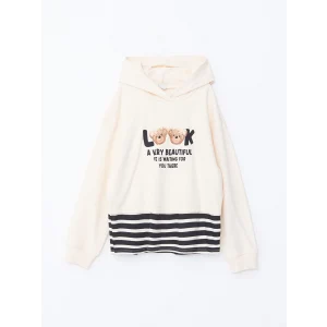 LCW Kids BEJ Kapüşonlu Baskılı Uzun Kollu Kız Çocuk Crop Sweatshirt