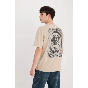 Defacto E1486 Bej Boxy Fit Bisiklet Yaka Sırt Baskılı Kısa Kollu Tişört