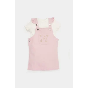 Defacto E5480 Pembe Kız Bebek 2li Takım Kısa Kollu Tişört Ayarlanabilir Askılı Salopet Elbise