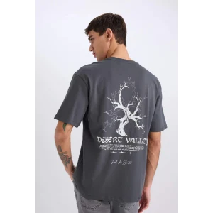 Defacto D6948 Antrasit Boxy Fit Bisiklet Yaka Sırt Baskılı Kısa Kollu Tişört