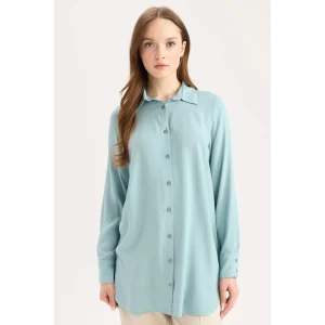 Defacto Z3538 Yeşil Regular Fit Basic Düz Uzun Kollu Gömlek Tunik