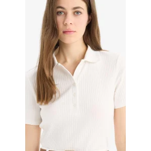 Defacto E6577 Ekru Slim Fit Dar Kesim Fitilli Kaşkorse Kısa Kollu Polo Tişört