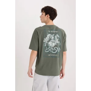 Defacto D9346 Yeşil Oversize Geniş Kalıp Bisiklet Yaka Sırt Baskılı Kısa Kollu Tişört