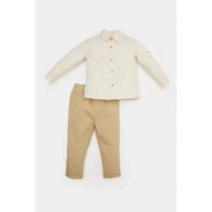 Defacto E2264 Ekru Erkek Bebek 2li Takım Çizgili Uzun Kollu Gömlek Pantolon