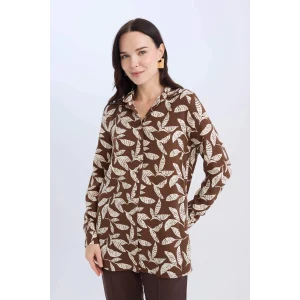 Defacto T0609 Kahve Loose Fit Desenli Uzun Kollu Gömlek Tunik