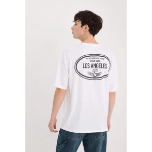 Defacto D5581 Beyaz Oversize Geniş Kalıp Bisiklet Yaka Sırt Baskılı Kısa Kollu Tişört