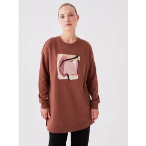 LCWAIKIKI Basic KAHVERENGİ Bisiklet Yaka Baskılı Uzun Kollu Oversize Kadın Sweatshirt Tunik