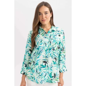 Defacto C3820 Yeşil Regular Fit Desenli Uzun Kollu Gömlek