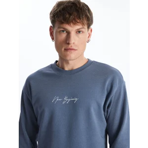 LCW Casual MAVİ Bisiklet Yaka Uzun Kollu Baskılı Erkek Sweatshirt